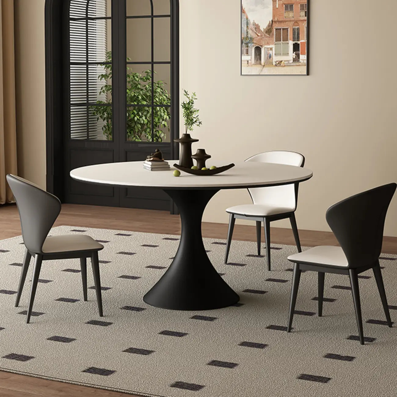 Modern Black Pedestal White Stone Top Round Dining Table