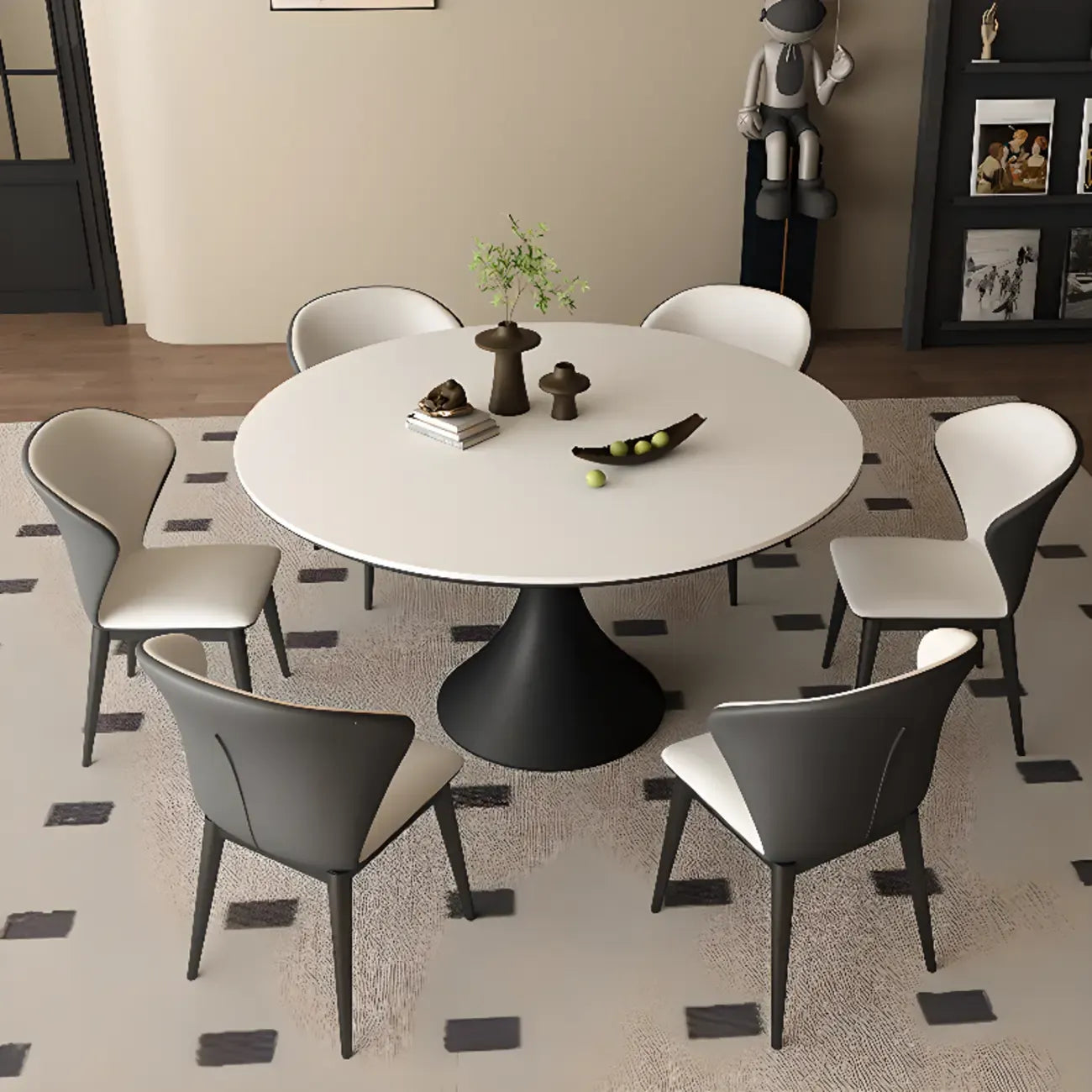 Modern Black Pedestal White Stone Top Round Dining Table
