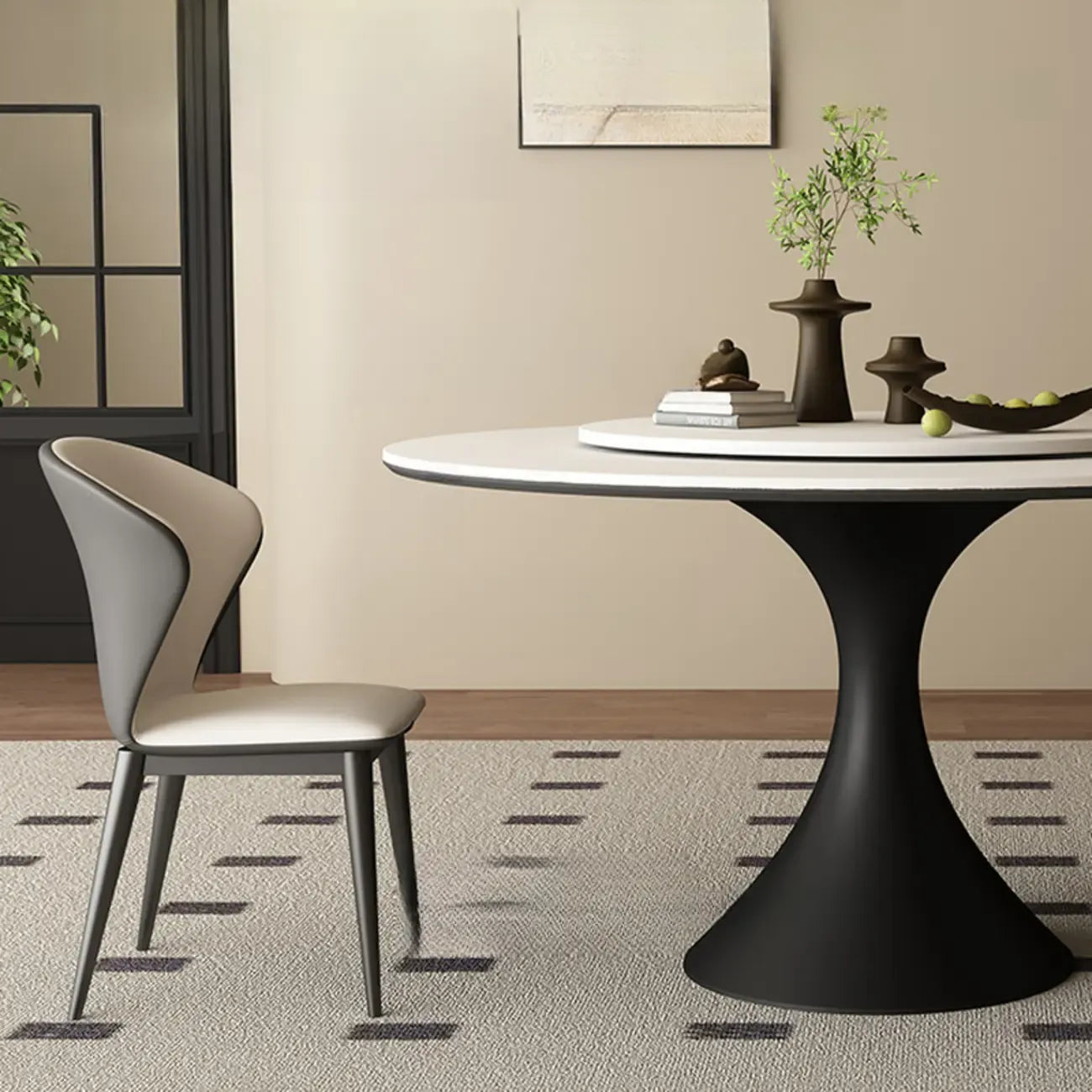 Modern Black Pedestal White Stone Top Round Dining Table