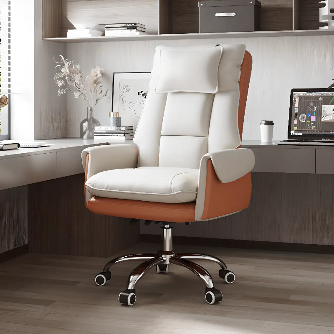 Ergonomic White-Orange Faux Fur Recliner Adjustable Office Chair