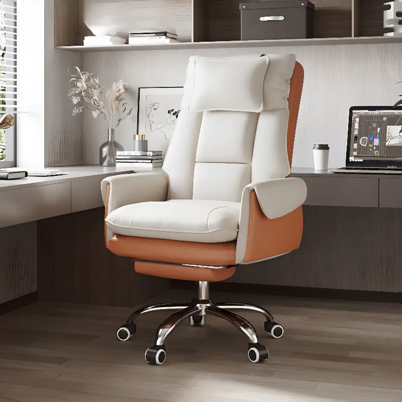 Ergonomic White-Orange Faux Fur Recliner Adjustable Office Chair