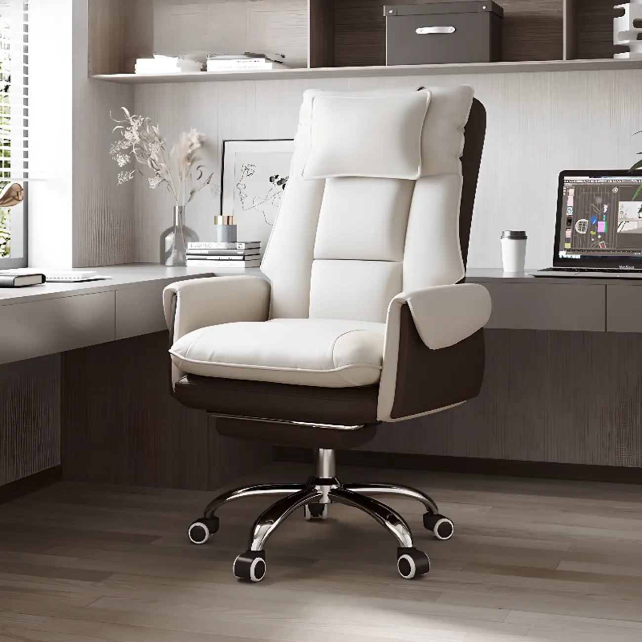 Ergonomic White-Orange Faux Fur Recliner Adjustable Office Chair