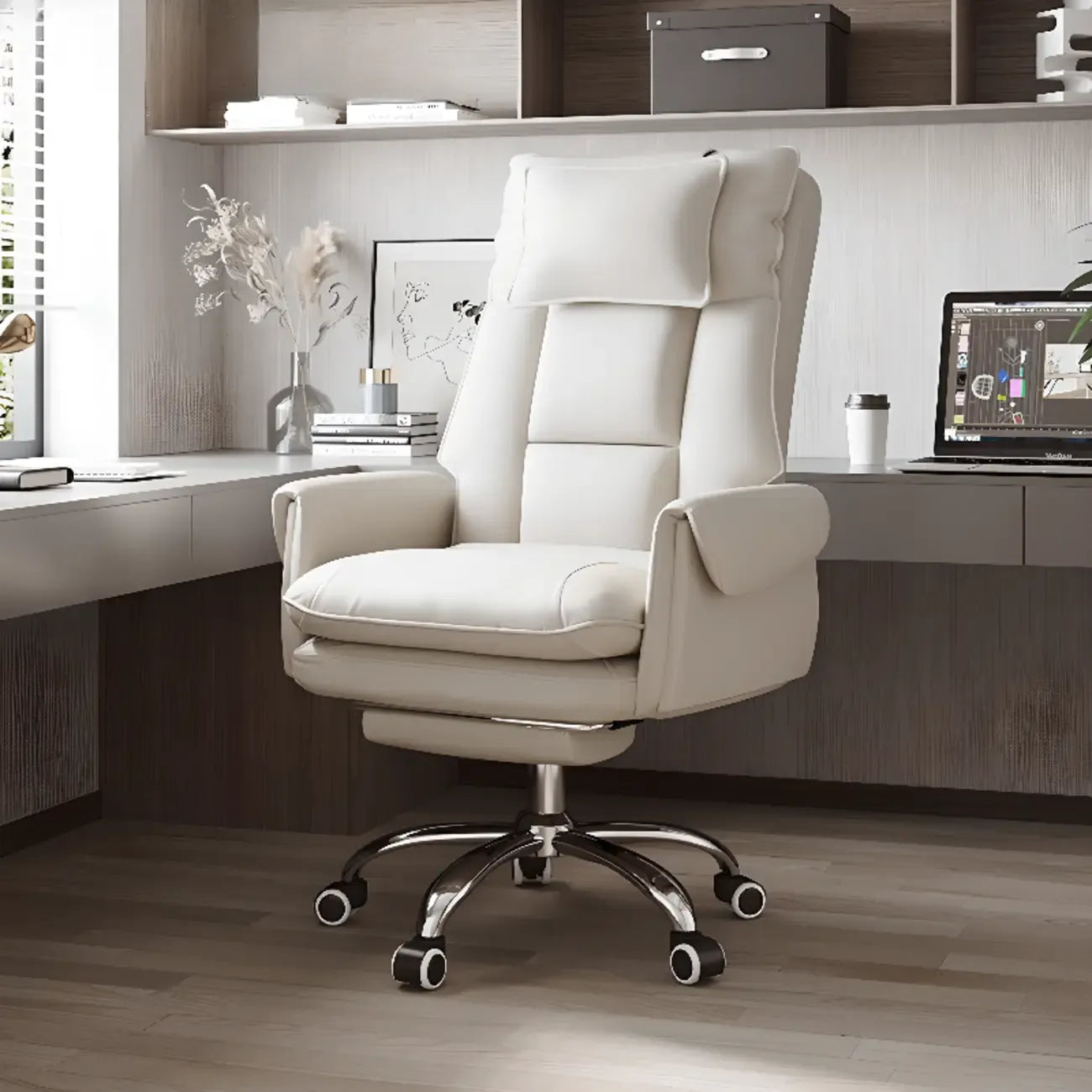 Ergonomic White-Orange Faux Fur Recliner Adjustable Office Chair