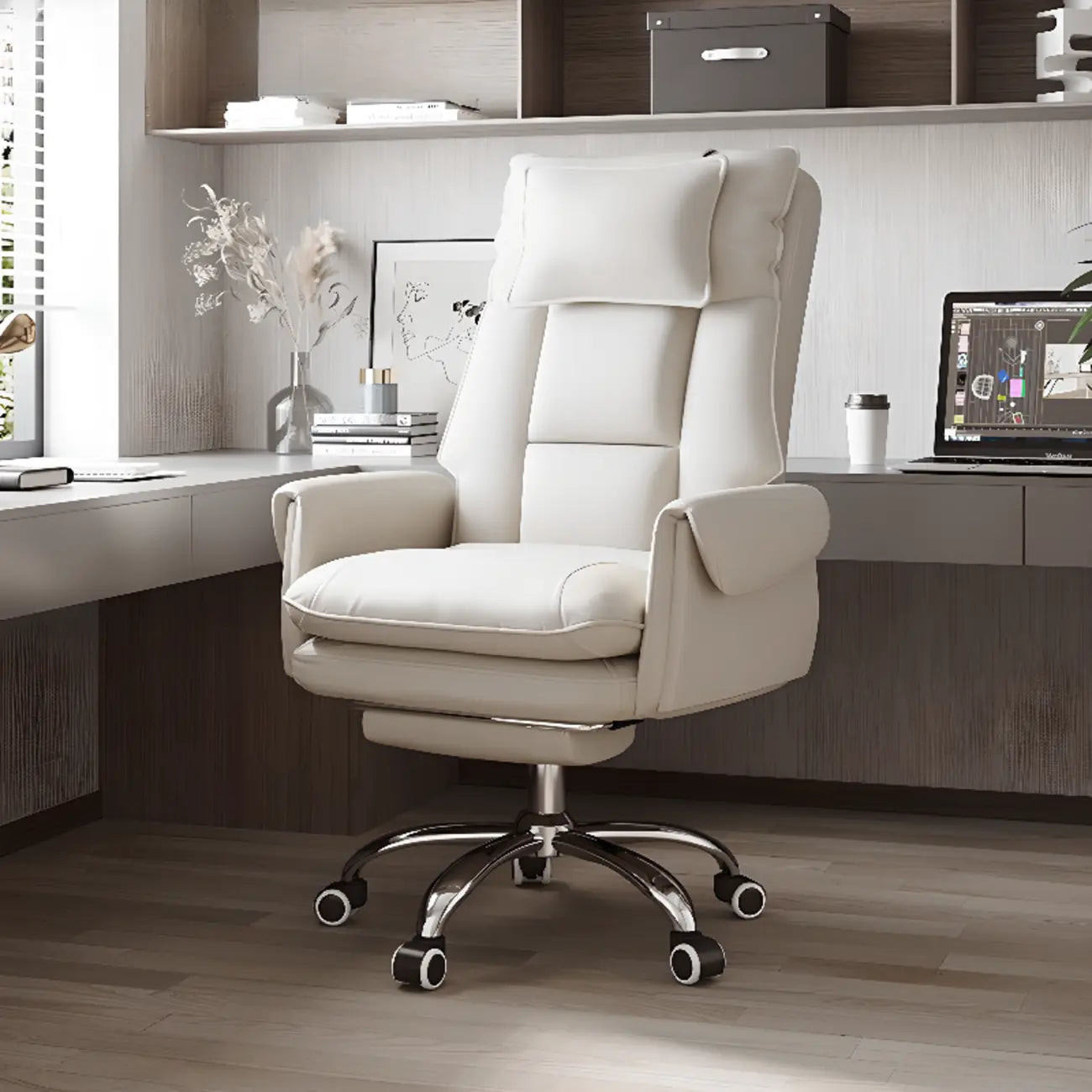 Ergonomic White-Orange Faux Fur Recliner Adjustable Office Chair