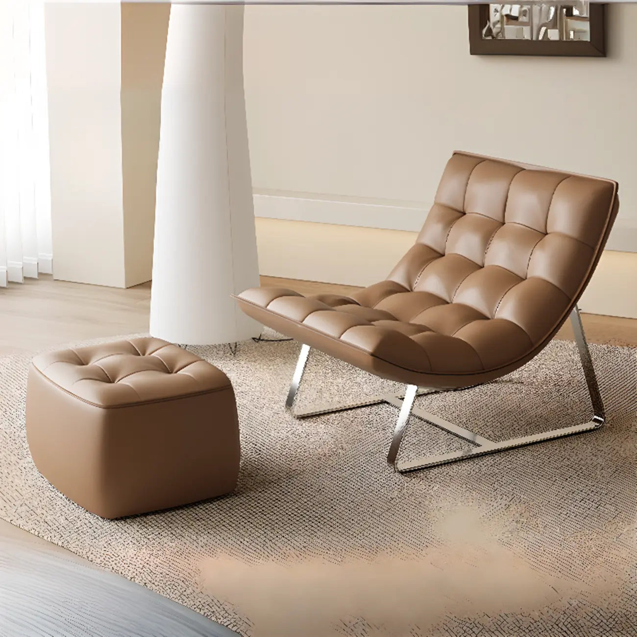 Modern Tufted Leather Accent ArmChair with Ottoman