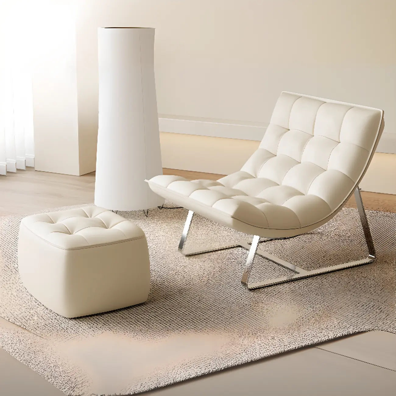 Modern Tufted Leather Accent ArmChair with Ottoman