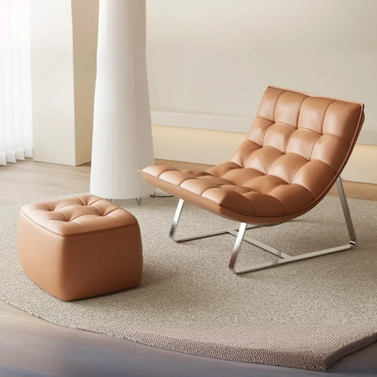 Modern Tufted Leather Accent ArmChair with Ottoman