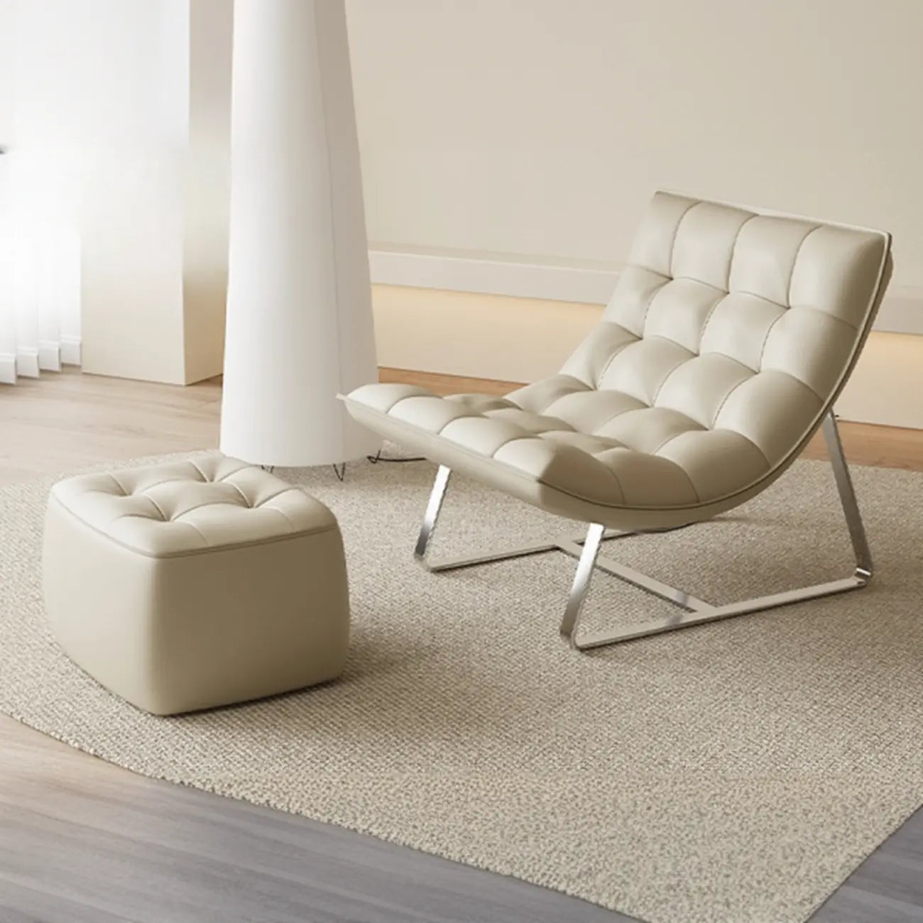 Modern Tufted Leather Accent ArmChair with Ottoman