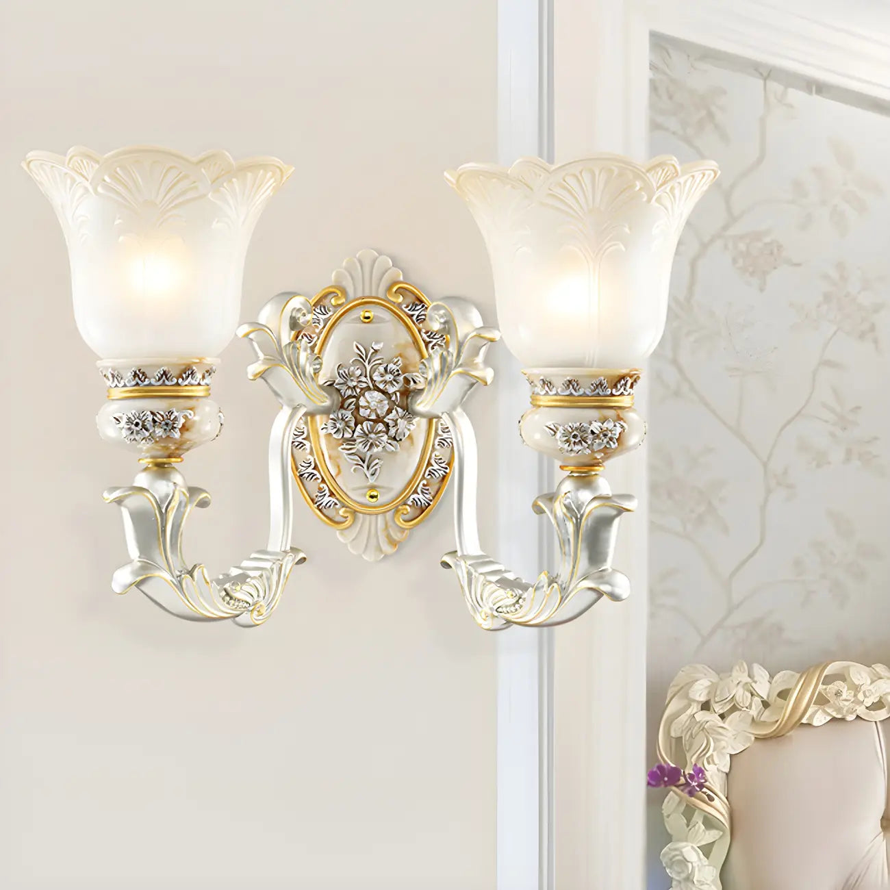 Elegant White Gold Floral Glass Retro LED Wall Light