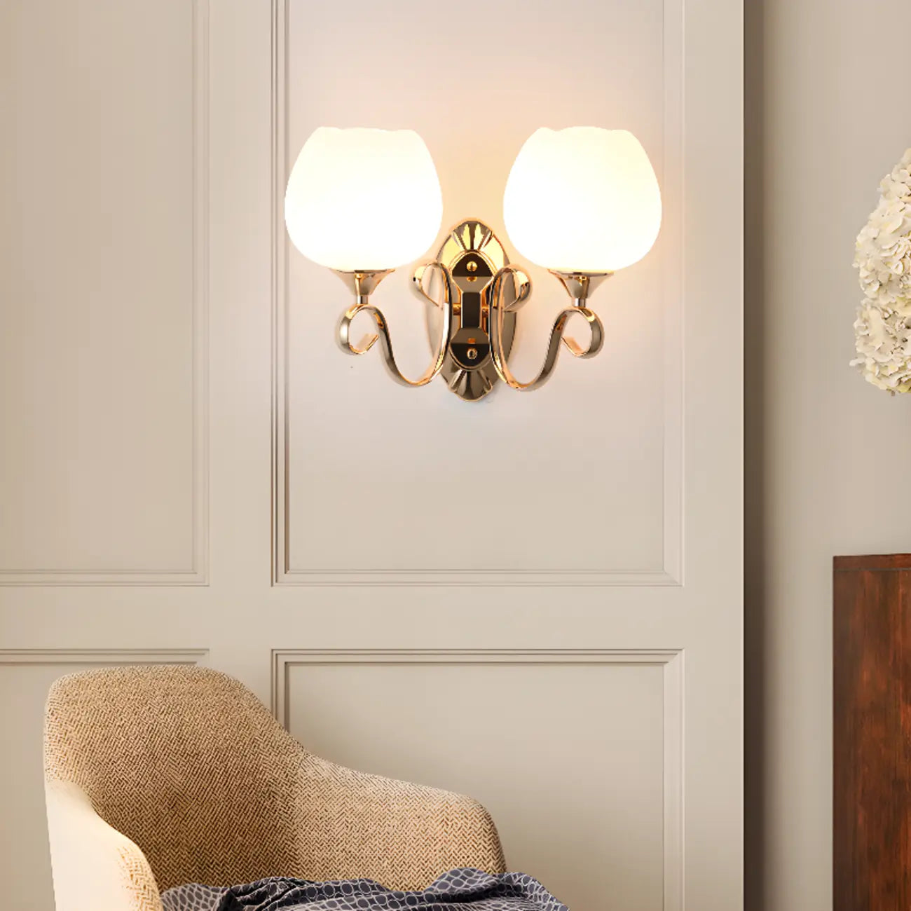 1/2 Light White Wall Sconce with Glass Shade for Living Room