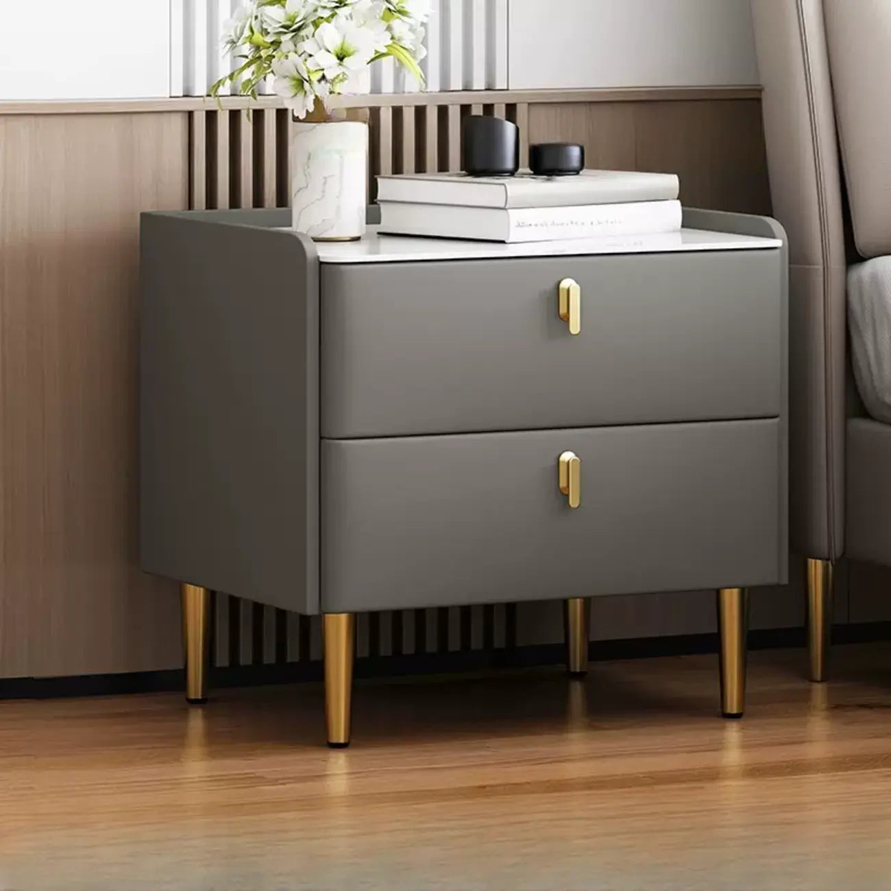 Modern Narrow Small Bedside Table Stone Top with Drawer Storage