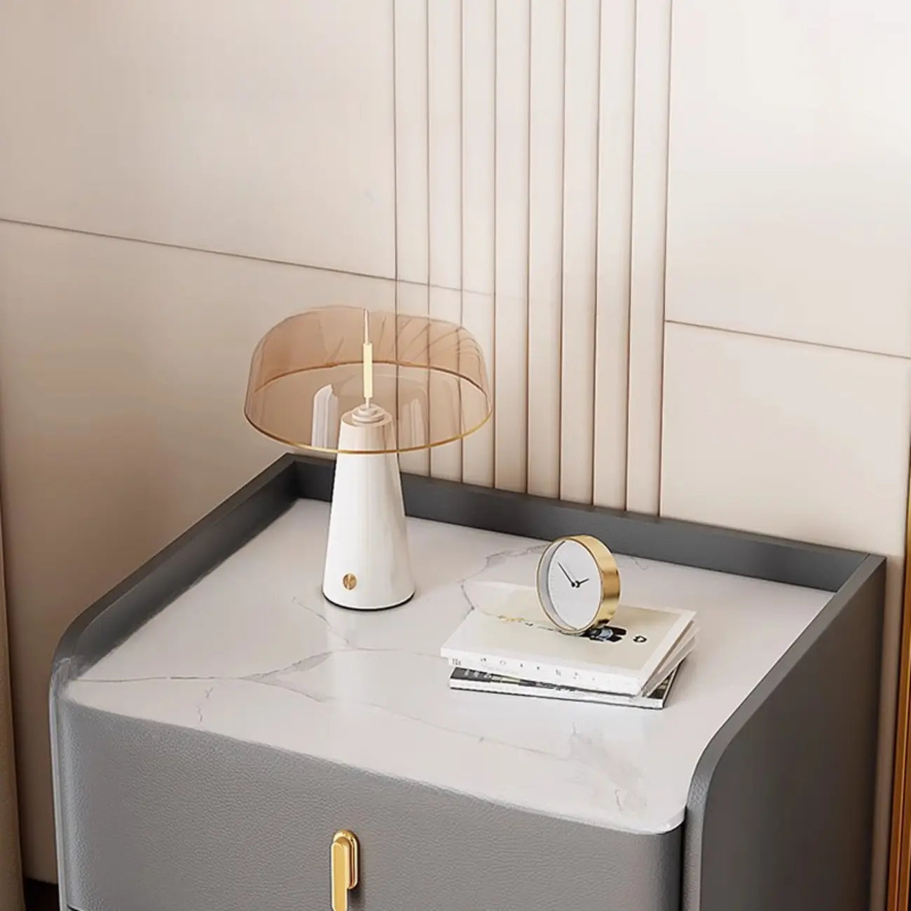 Modern Narrow Small Bedside Table Stone Top with Drawer Storage