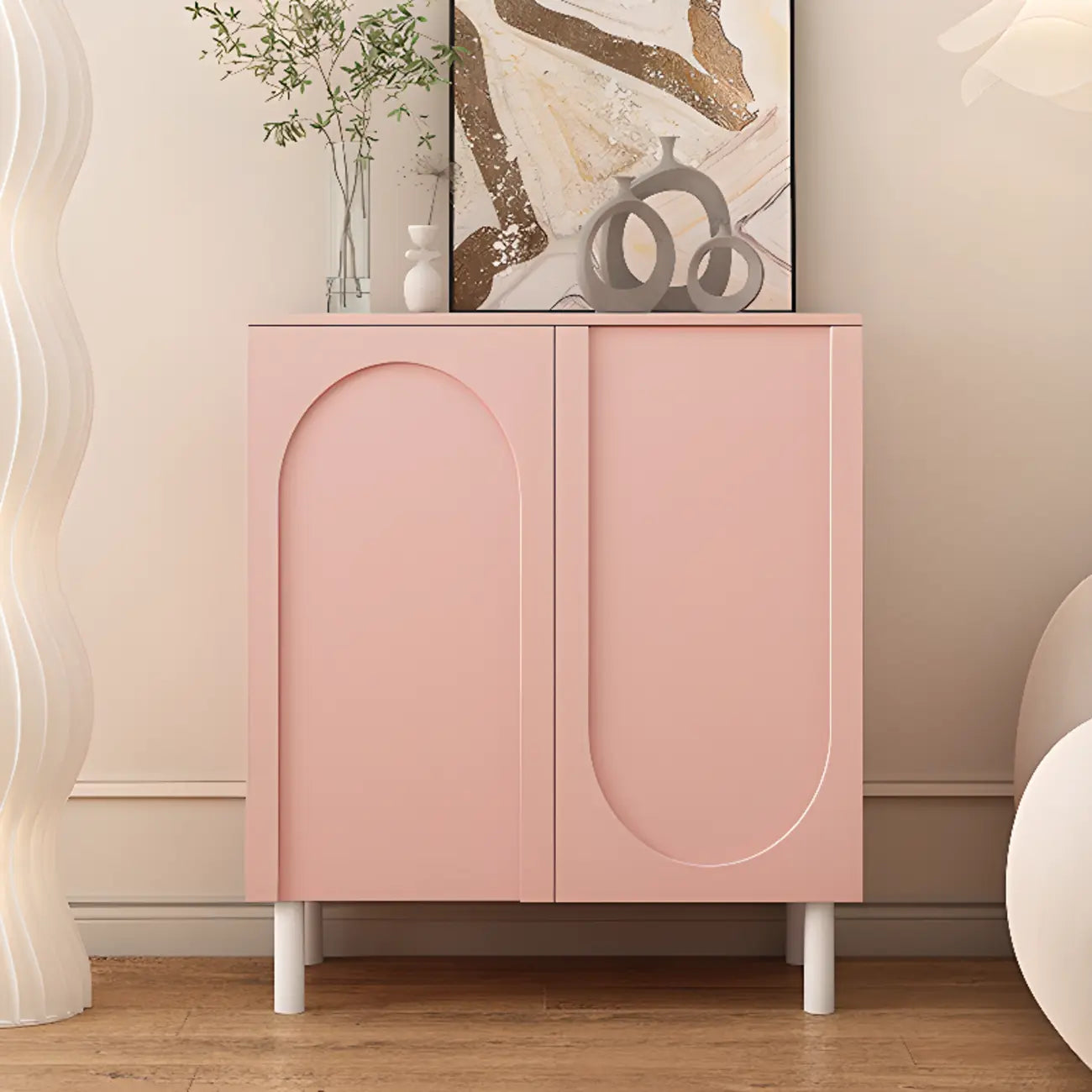 Modern Pink Wood Shoe Cabinet 3-Door Storage Unit