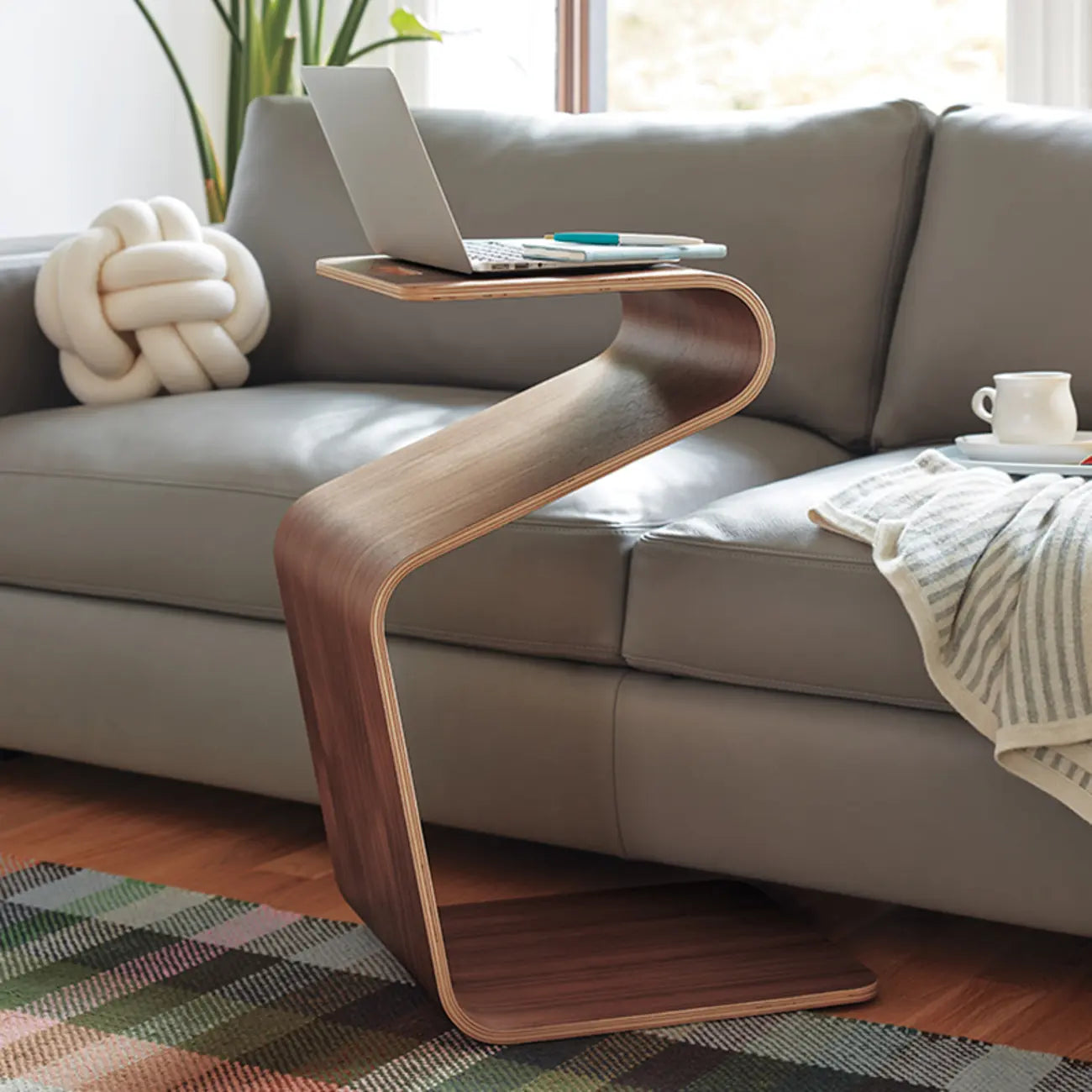 Convertible Wooden Nut-Brown C-Shaped Sofa Side Table