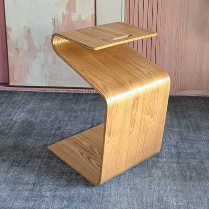 Convertible Wooden Nut-Brown C-Shaped Sofa Side Table
