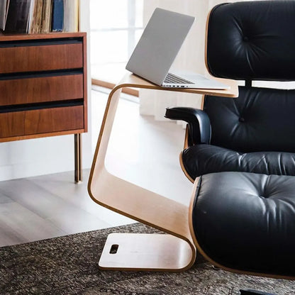 Convertible Wooden Nut-Brown C-Shaped Sofa Side Table