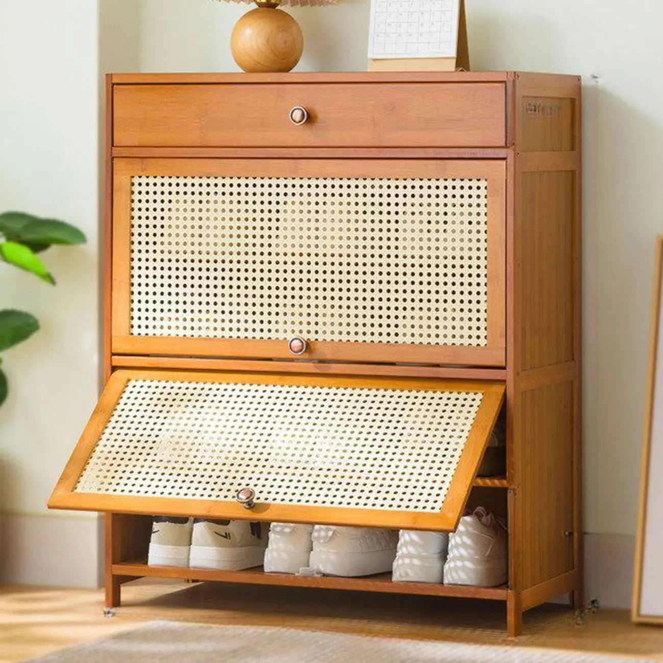 Bohemian Brown Wood Shoe Cabinet with Cane Doors