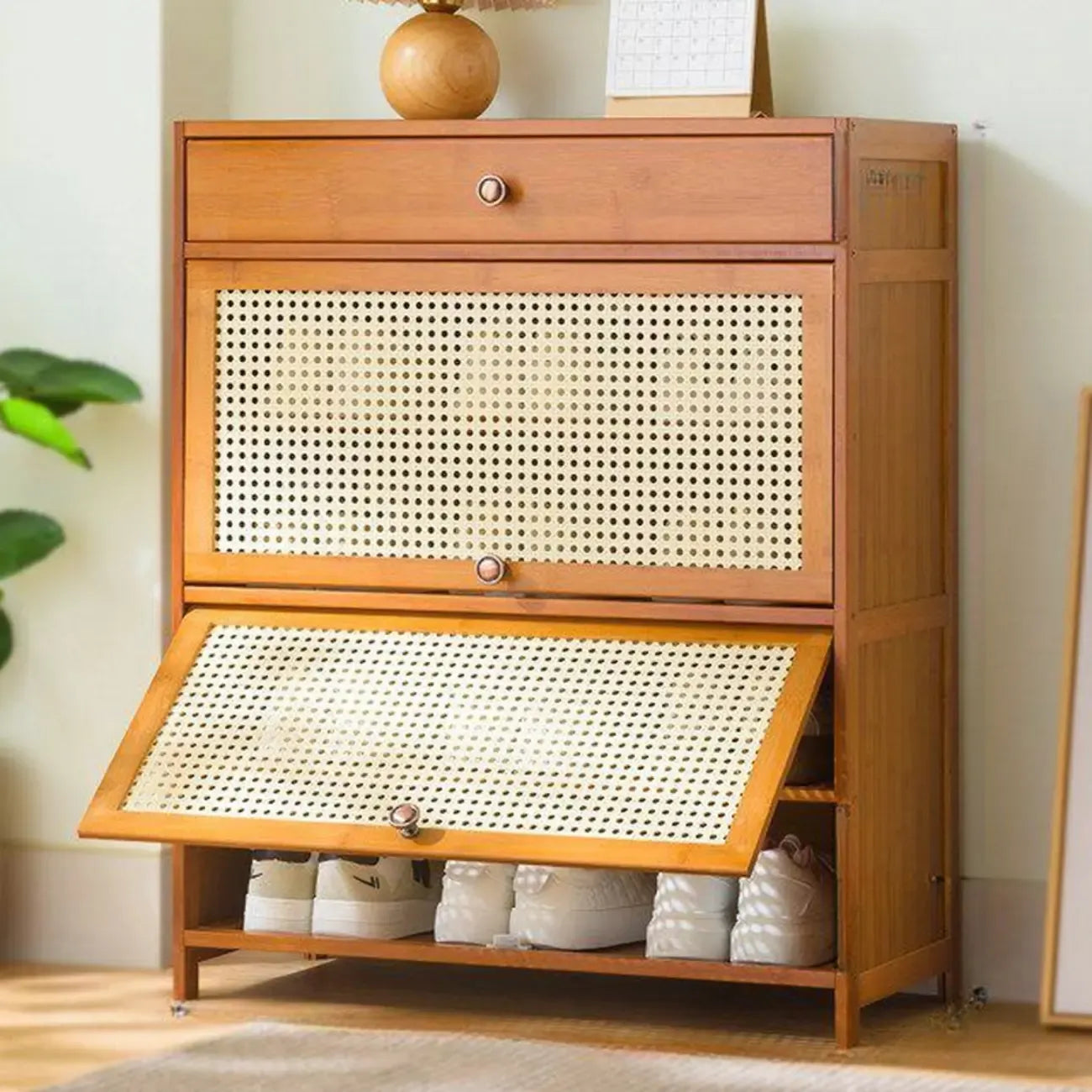 Bohemian Brown Wood Shoe Cabinet with Cane Doors