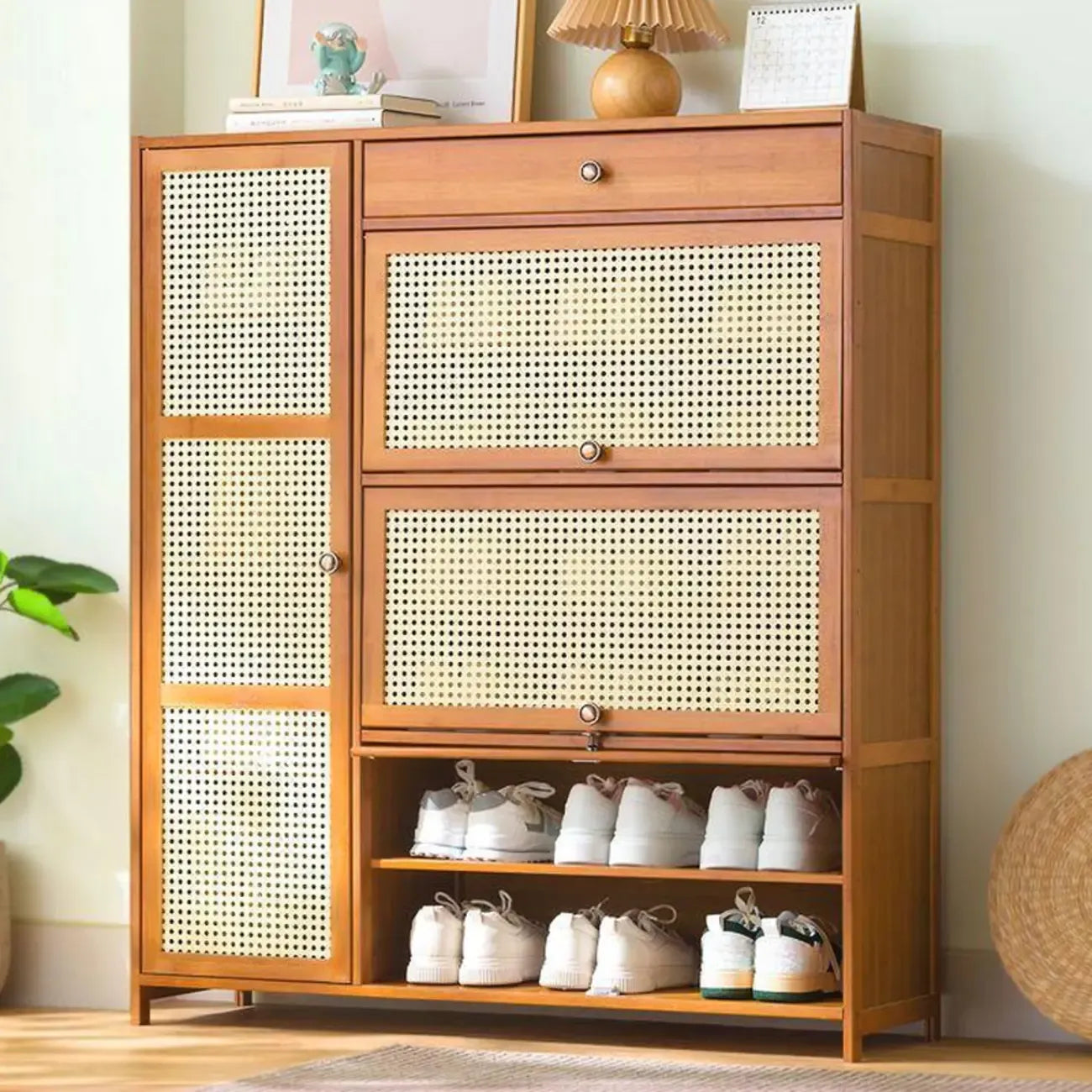 Bohemian Brown Wood Shoe Cabinet with Cane Doors