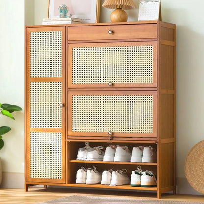 Bohemian Brown Wood Shoe Cabinet with Cane Doors