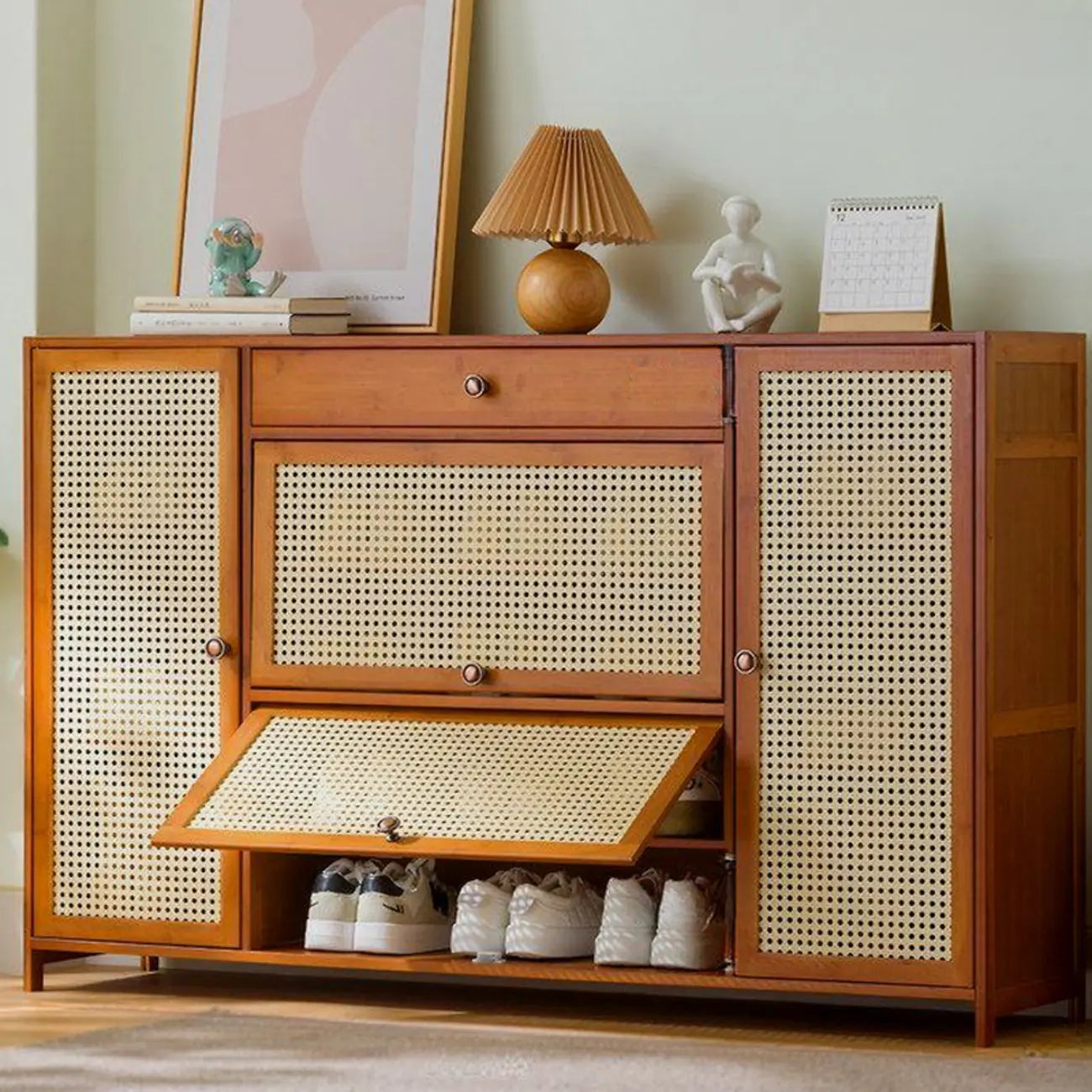 Bohemian Brown Wood Shoe Cabinet with Cane Doors
