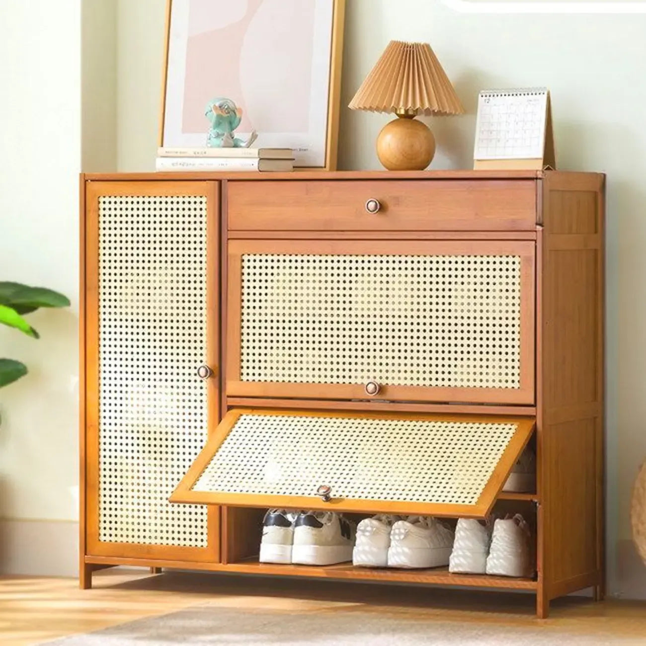 Bohemian Brown Wood Shoe Cabinet with Cane Doors