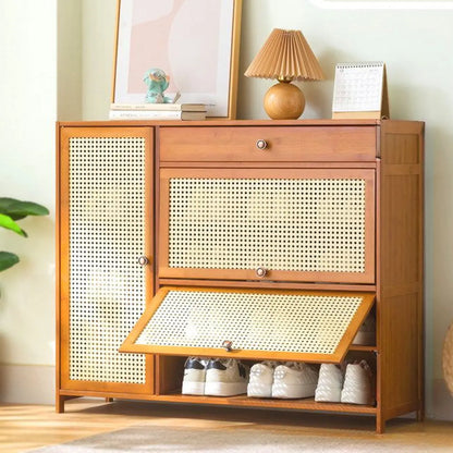 Bohemian Brown Wood Shoe Cabinet with Cane Doors