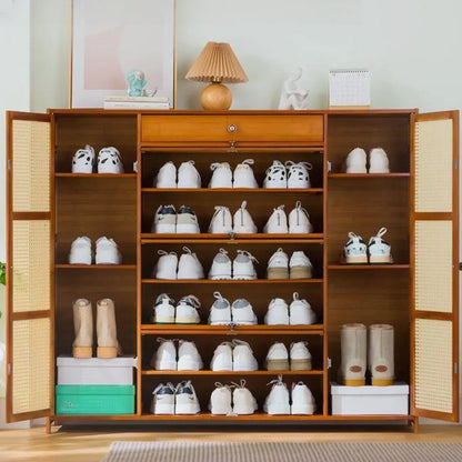 Bohemian Brown Wood Shoe Cabinet with Cane Doors