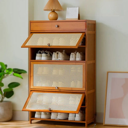 Bohemian Brown Wood Shoe Cabinet with Cane Doors
