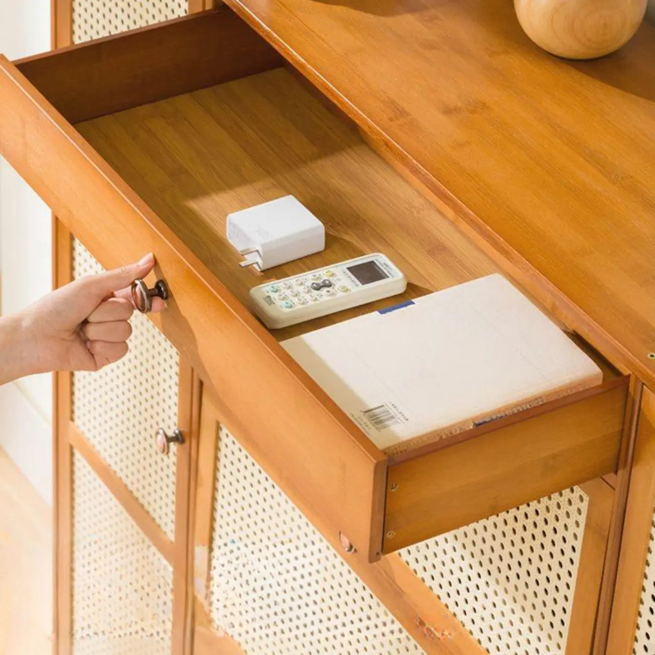 Bohemian Brown Wood Shoe Cabinet with Cane Doors