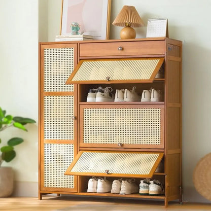 Bohemian Brown Wood Shoe Cabinet with Cane Doors
