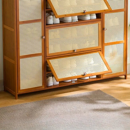 Bohemian Brown Wood Shoe Cabinet with Cane Doors