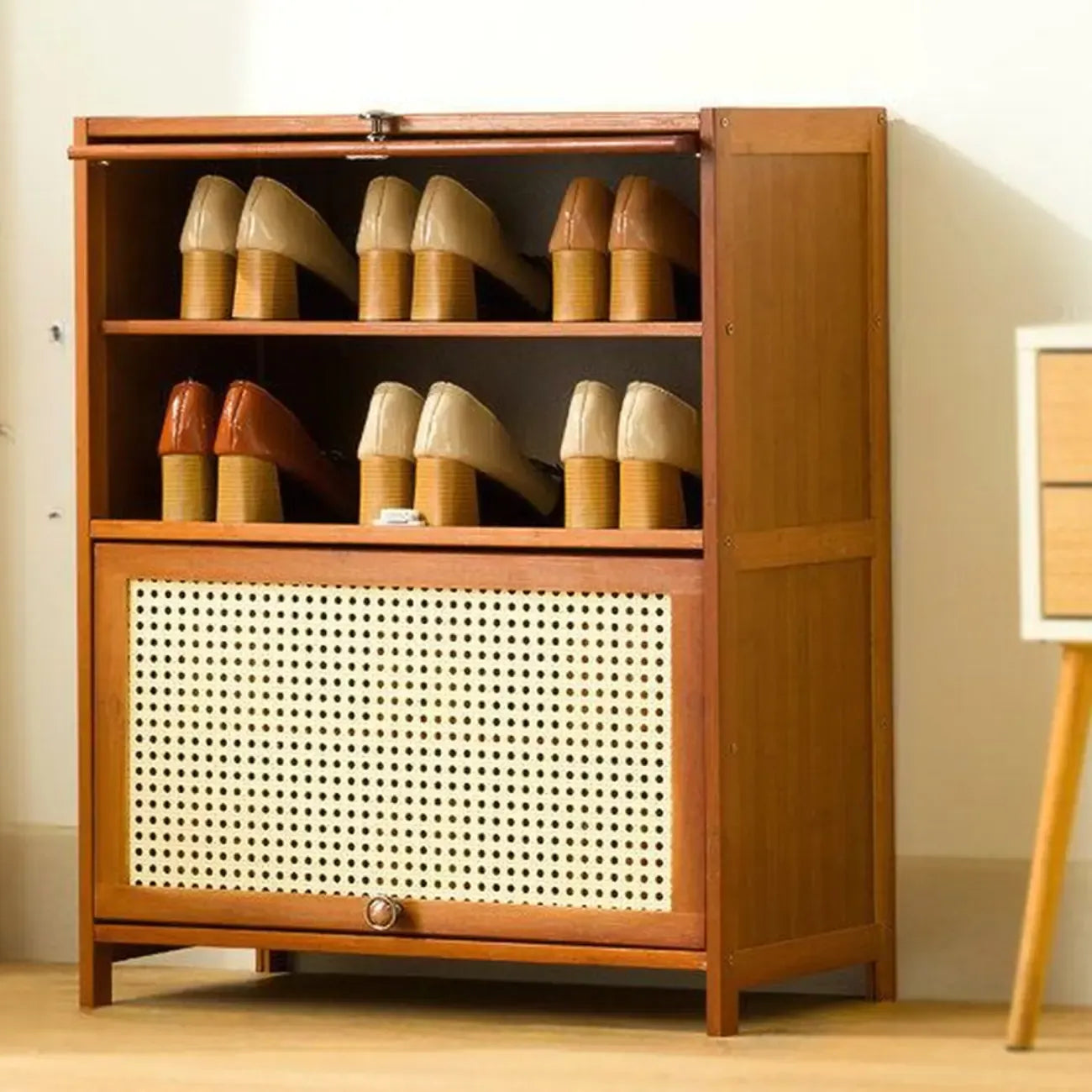 Bohemian Brown Wood Shoe Cabinet with Cane Doors