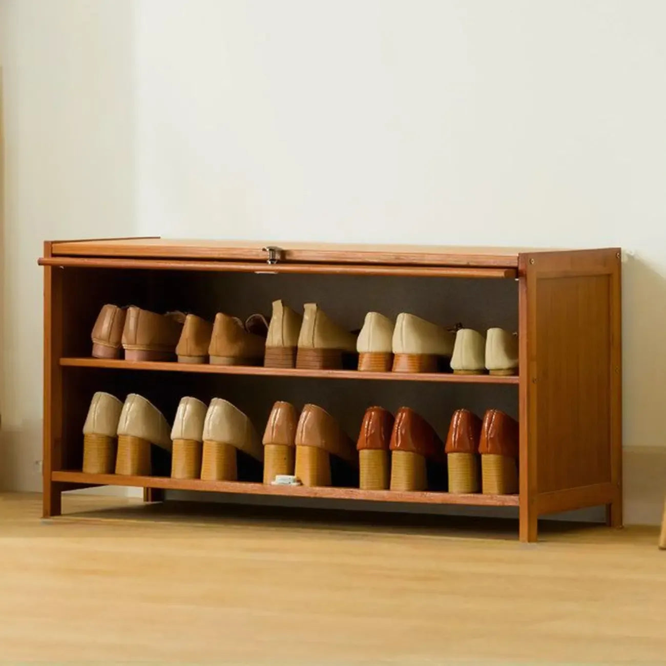 Bohemian Brown Wood Shoe Cabinet with Cane Doors