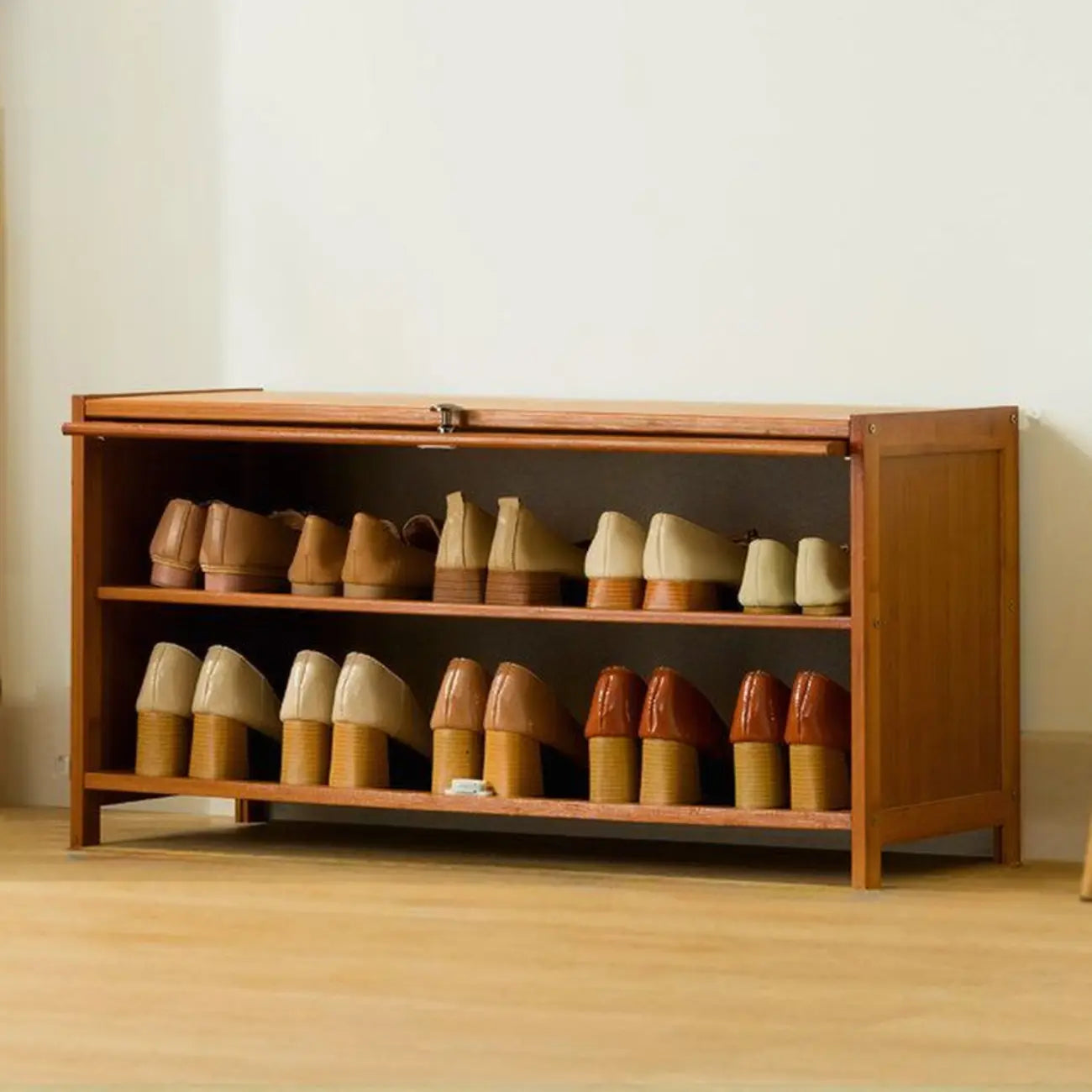 Bohemian Brown Wood Shoe Cabinet with Cane Doors