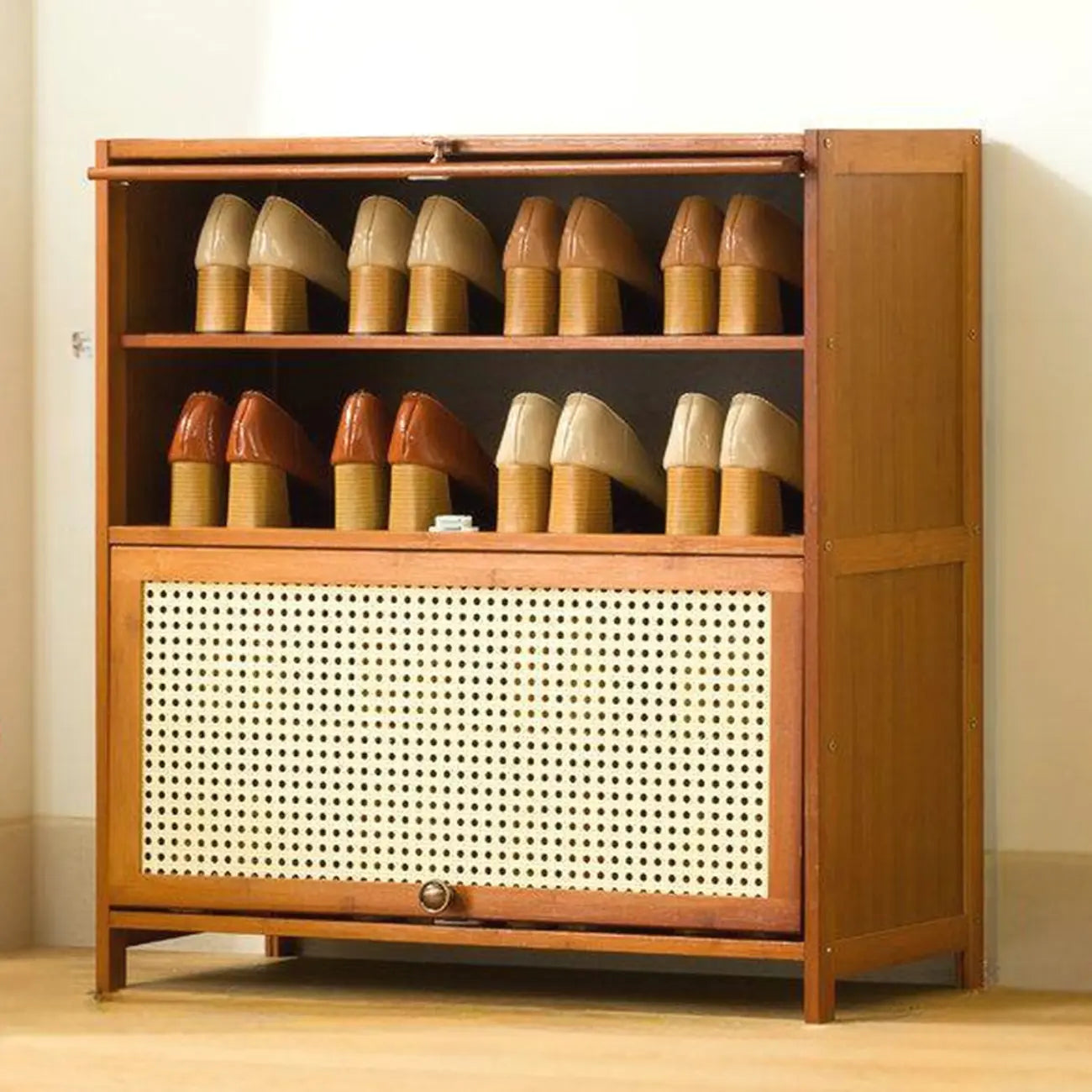 Bohemian Brown Wood Shoe Cabinet with Cane Doors