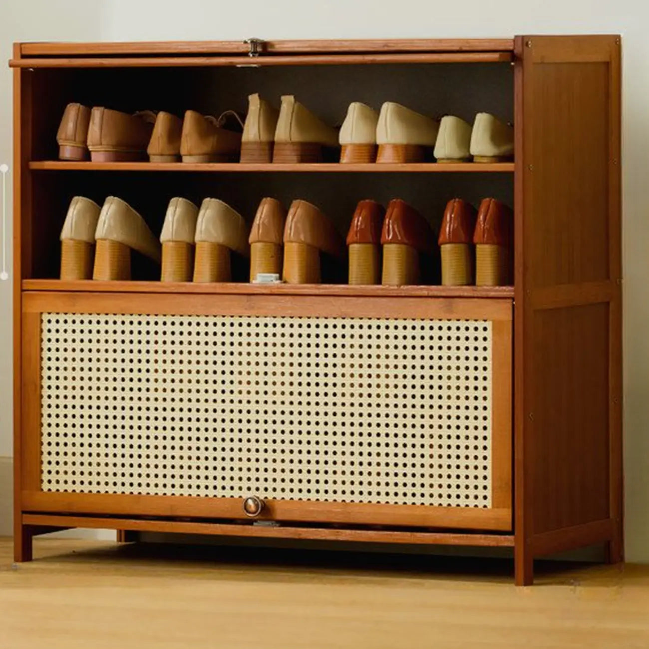 Bohemian Brown Wood Shoe Cabinet with Cane Doors