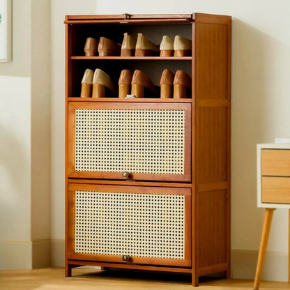 Bohemian Brown Wood Shoe Cabinet with Cane Doors