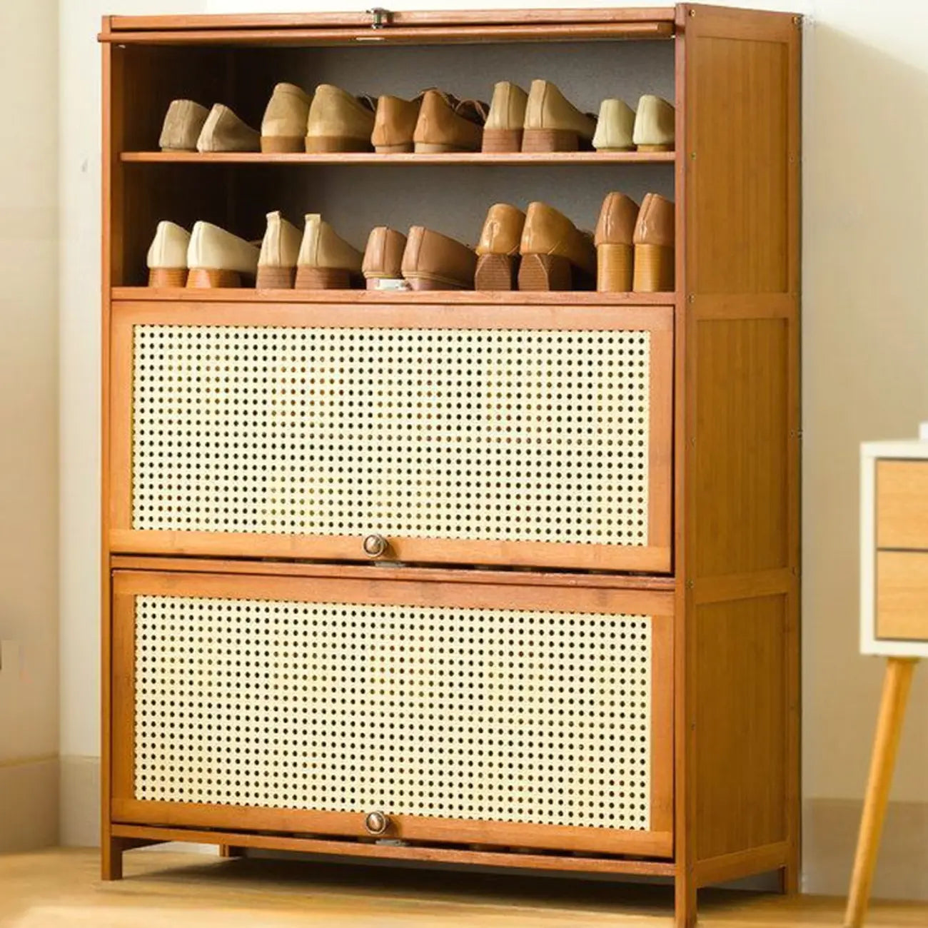 Bohemian Brown Wood Shoe Cabinet with Cane Doors