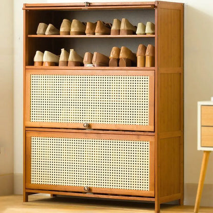 Bohemian Brown Wood Shoe Cabinet with Cane Doors