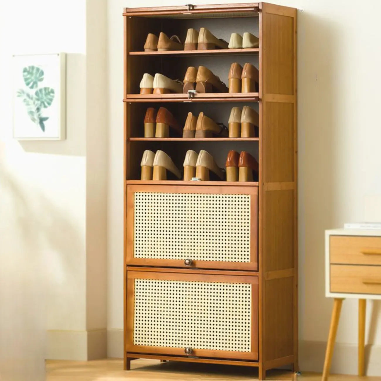 Bohemian Brown Wood Shoe Cabinet with Cane Doors