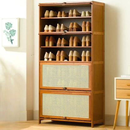 Bohemian Brown Wood Shoe Cabinet with Cane Doors