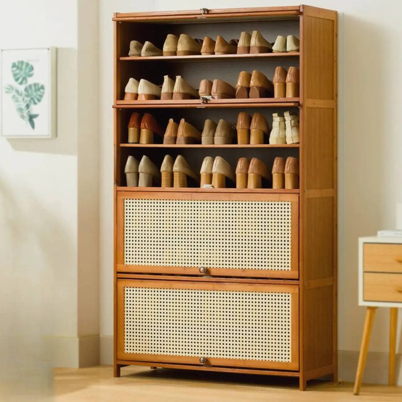 Bohemian Brown Wood Shoe Cabinet with Cane Doors