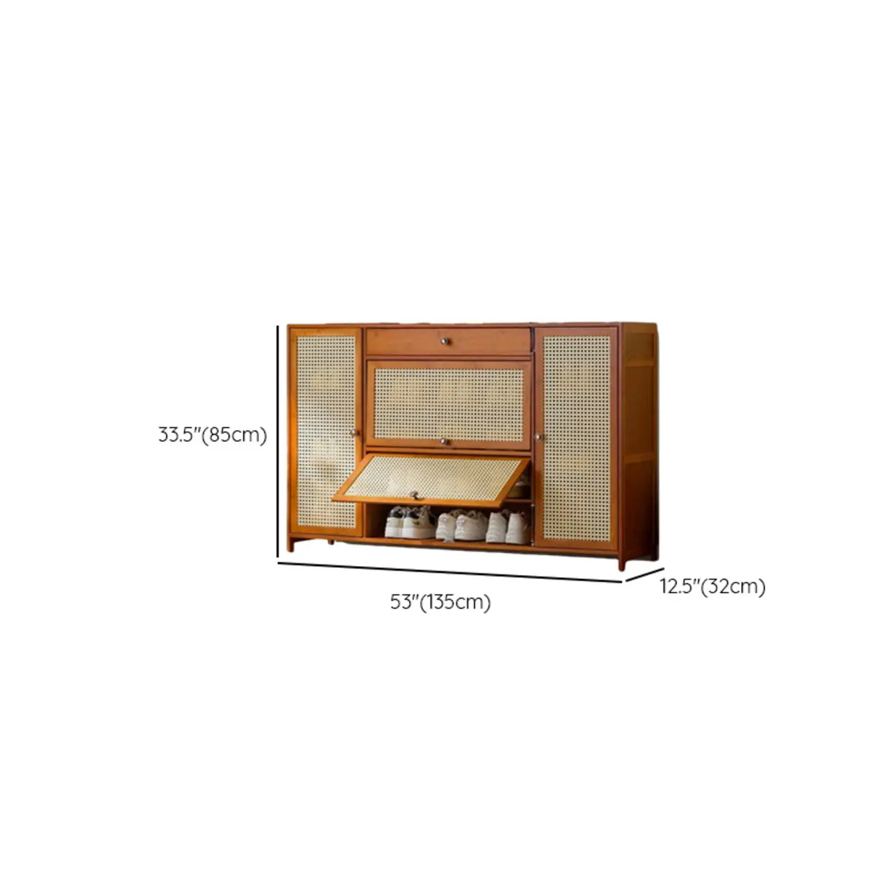 Bohemian Brown Wood Shoe Cabinet with Cane Doors