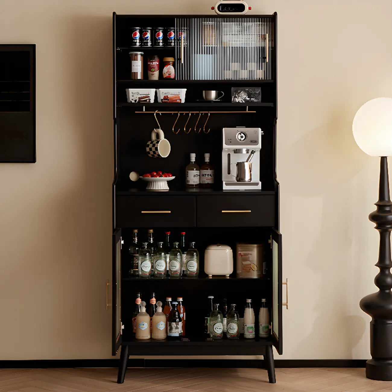 Tall Wooden Black Glass Doors Kitchen Sideboards