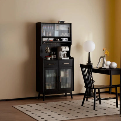 Tall Wooden Black Glass Doors Kitchen Sideboards