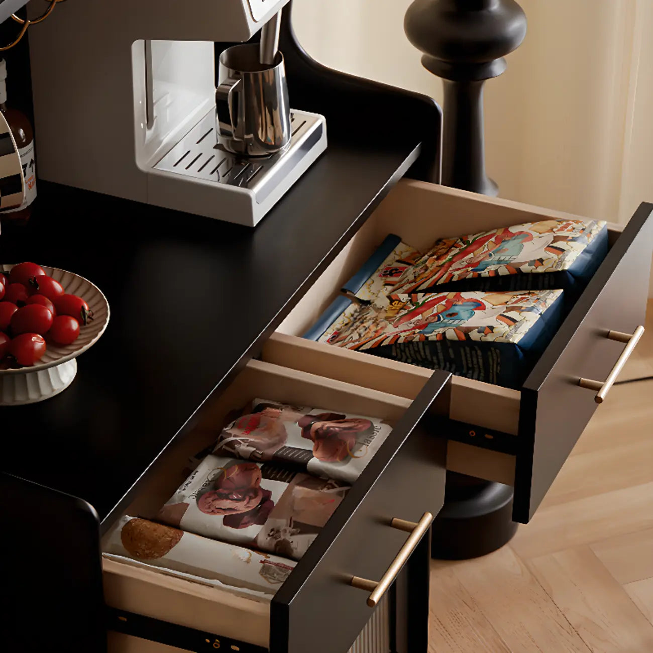 Tall Wooden Black Glass Doors Kitchen Sideboards