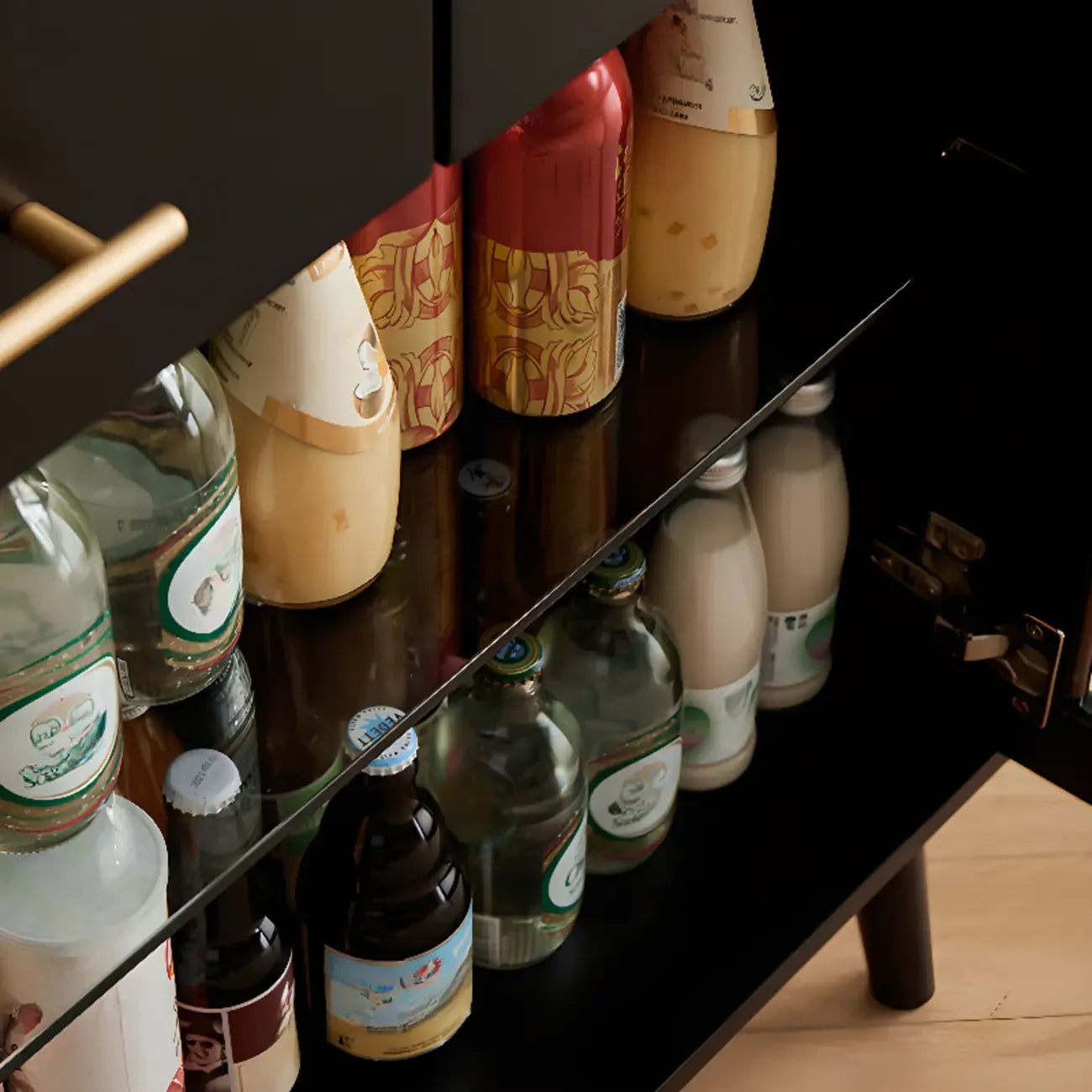 Tall Wooden Black Glass Doors Kitchen Sideboards