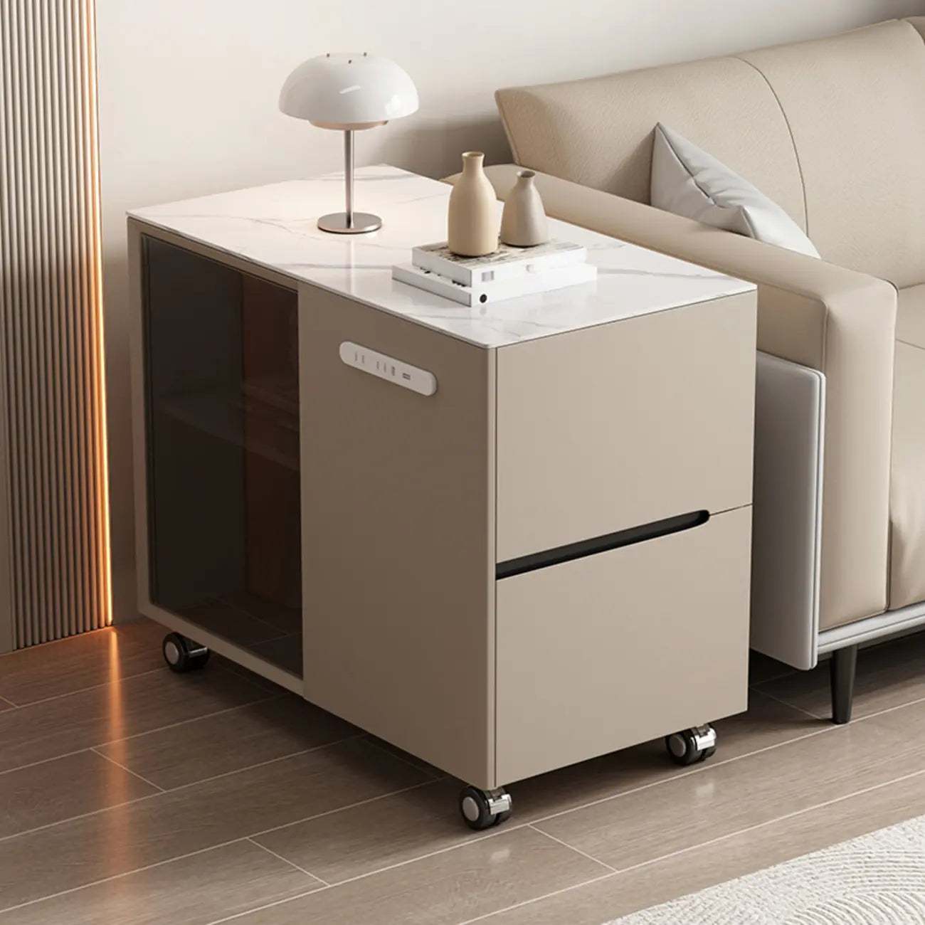 Mobile Rectangular Plastic Top End Table with Storage Drawers