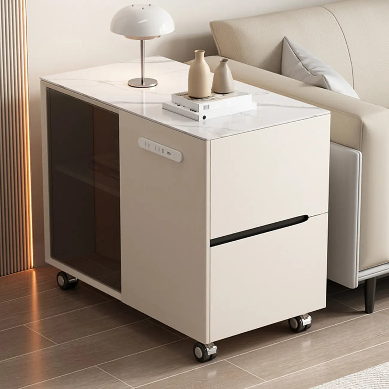 Mobile Rectangular Plastic Top End Table with Storage Drawers